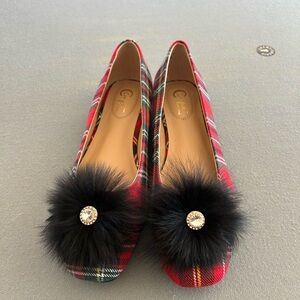 Cute Christmas Plaid Flats with Black Pom Pom. New